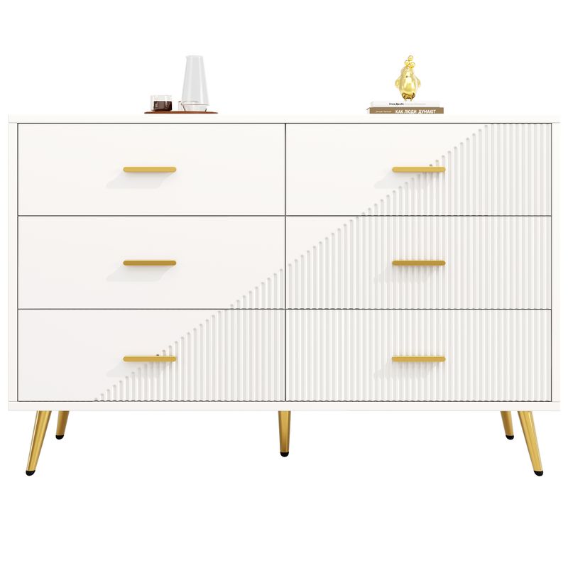 Kommode Weiß Mit 6 Schubladen, 3D-Schranktürdesign, Goldene Beine_voghion.com