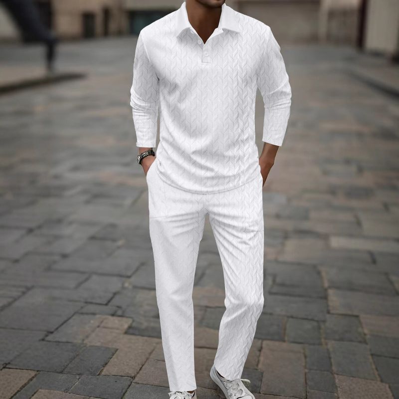 Breathable Jacquard Polo Set – Lapel Collar Summer Suit With Moisture-Wicking Trousers (Black/White/Gray/Army Green/Khaki/Navy, S-XXXL)_voghion.com