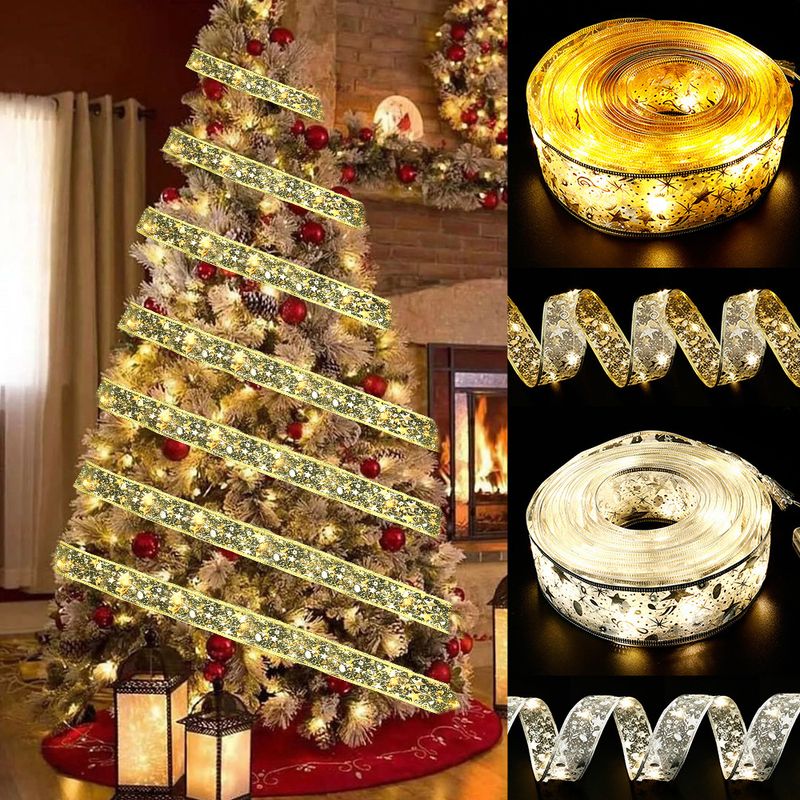 Christmas Ribbon LED Light String Christmas Decorations Christmas Tree Decoration Pendant Gift Bronzing Double Layer Ribbon_voghion.com