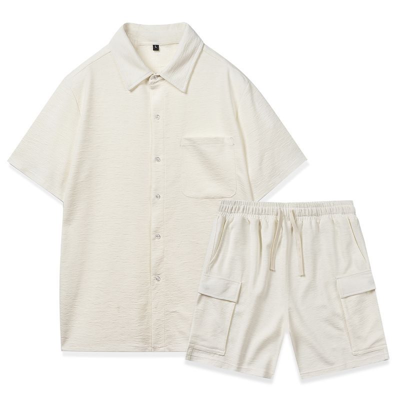 Men's Clothing summer new men's cardigan clear texture shirt drawstring elastic waist shorts plain color light mature two piece suit_voghion.com