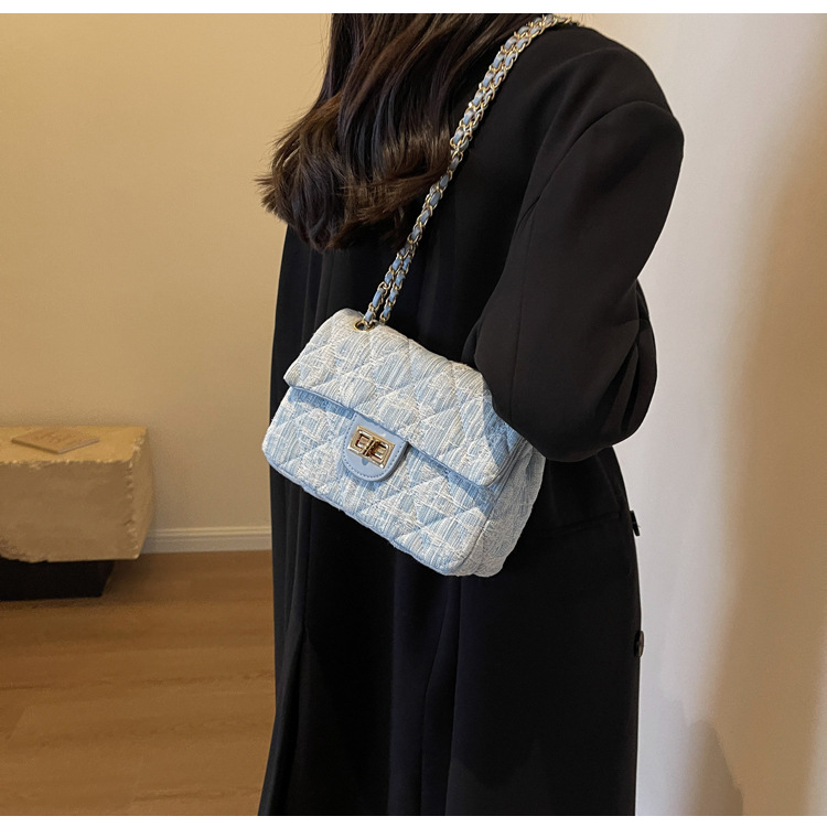 Borsa a tracolla casual in denim da donna con piccola borsa quadrata a tracolla con catena a reticolo di diamanti_voghion.com