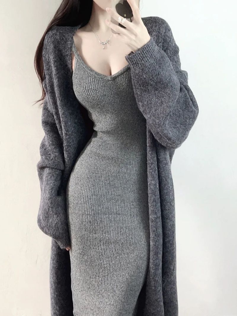Einfarbig Pure Desire Style Neue Süße Coole Heiße Abnehmen Gestrickte Strap Mädchen Frühling Sommer High-end Bodycon Kleid_voghion.com