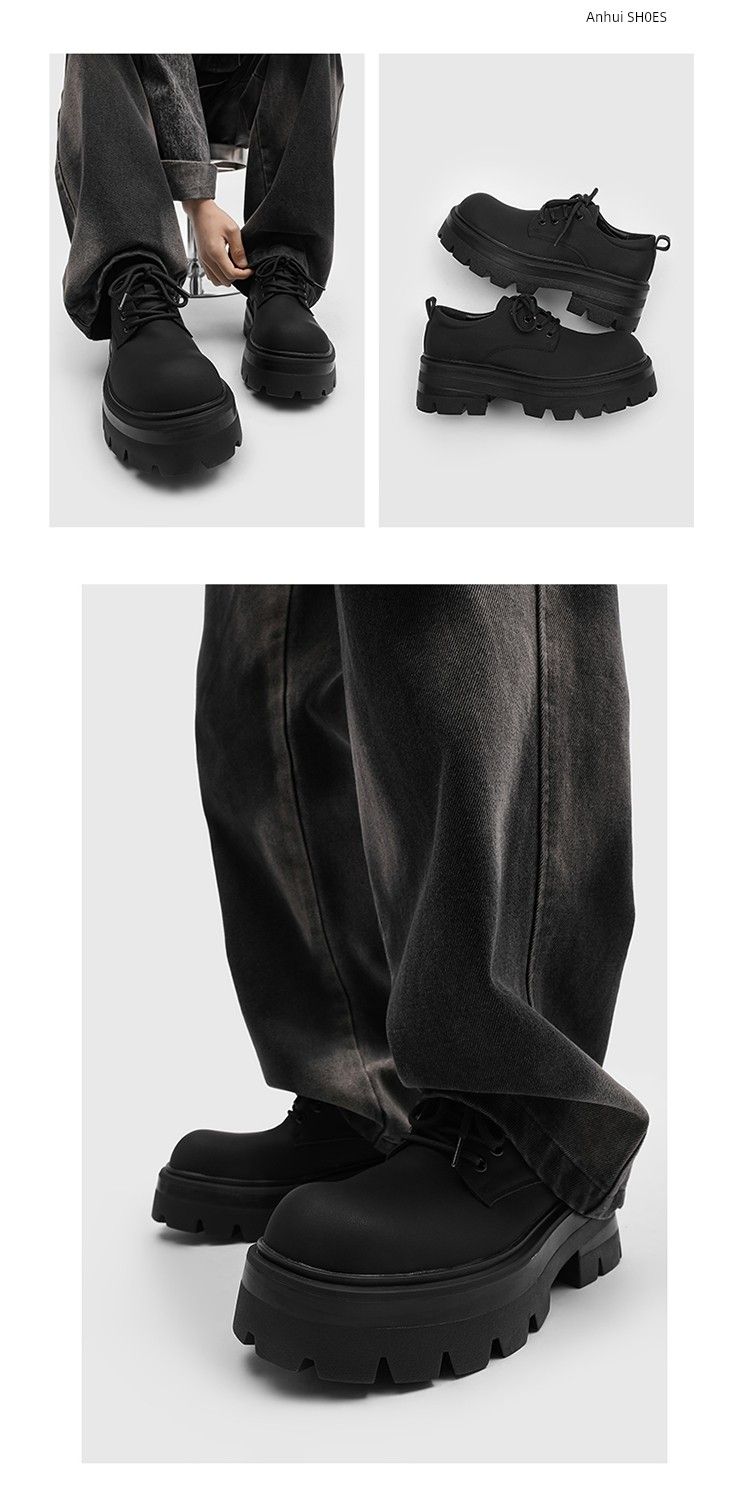 Thick Bottom Increased 7cm Derby Matte High-Grade Men's Casual Black Big Head British Style Small Leather Shoes_voghion.com
