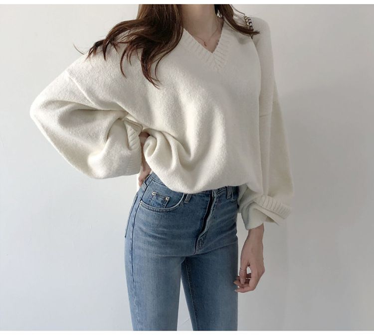 V-Neck Pullover Loose White Bottoming Knitted Sweater Autumn And Winter Lazy Style Outer Wear Black Sweater Women's Fash_voghion.com