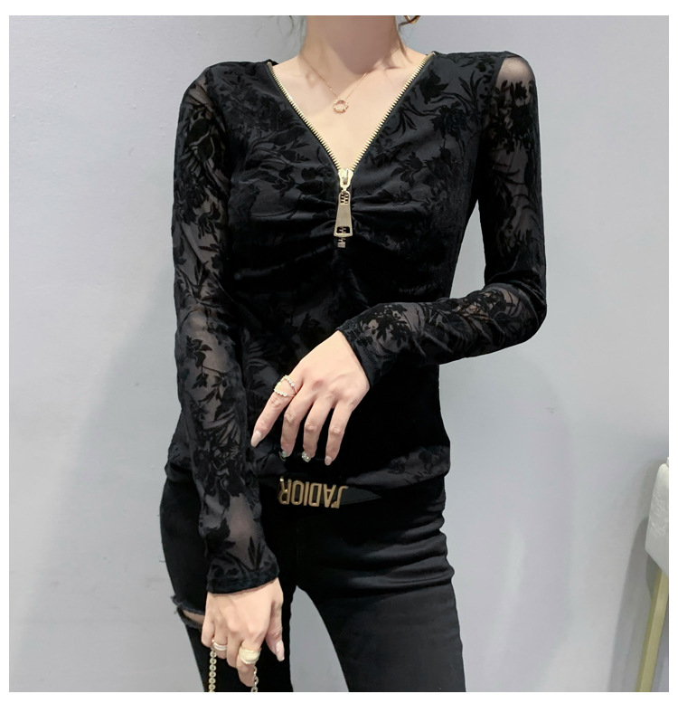 Design femminile con cerniera alla moda in stile straniero con maglietta a maniche lunghe_voghion.com