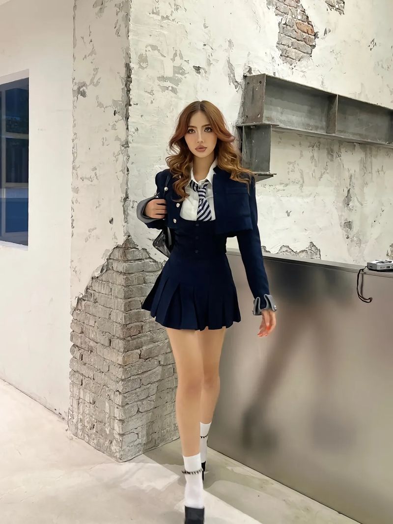 Amerikanischer College-Stil, würziges Mädchen, kurzer Anzug, Jacke, Weste, Hemd, Faltenrock, JK-Uniform, vierteiliges Set für Damen_voghion.com