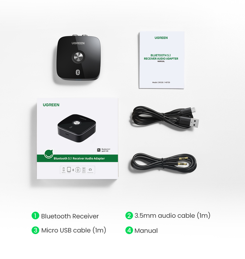 UGREEN Bluetooth RCA Empfänger 5,1 AptX HD 3,5mm Jack Aux Wireless Adapter Musik Für TV Auto 2RCA Bluetooth 5,0 audio Empfänger_voghion.com