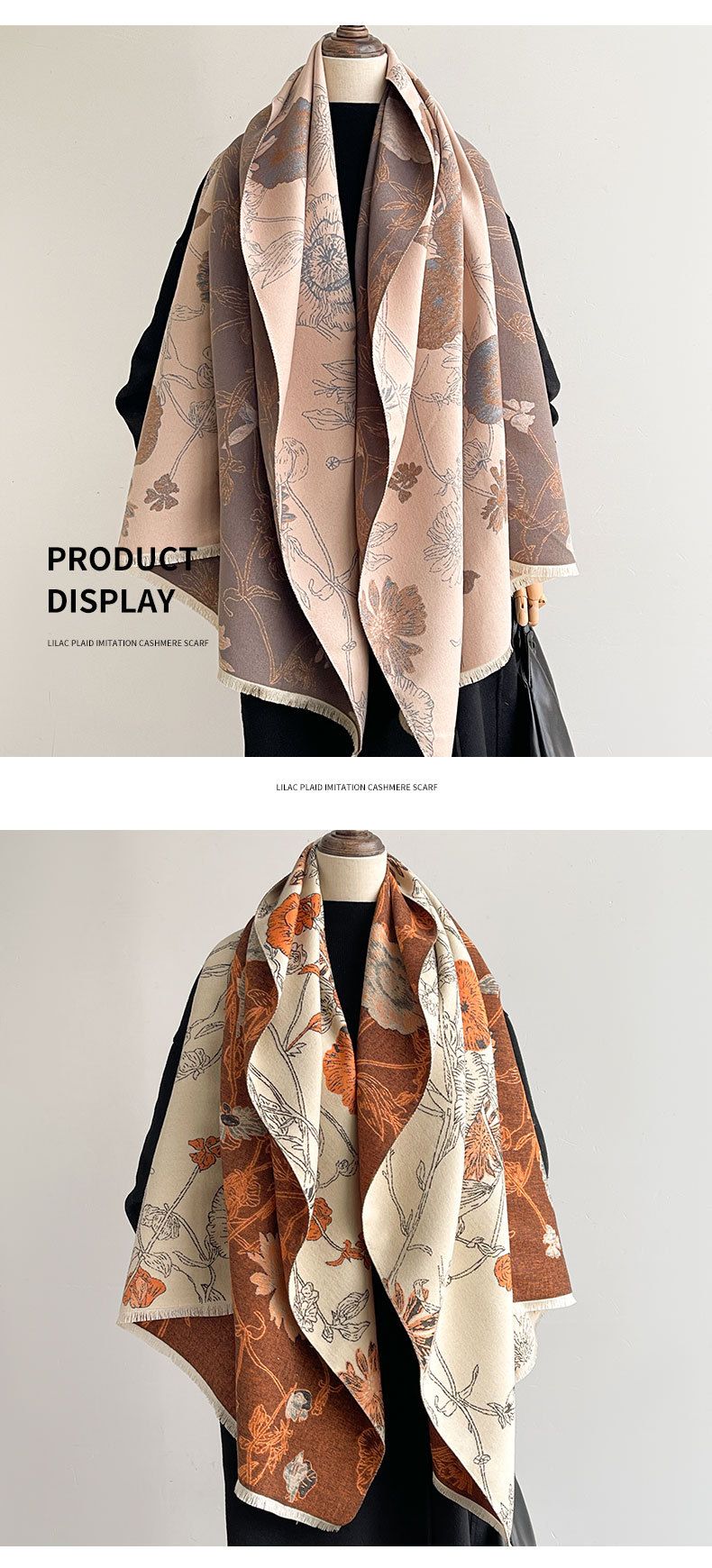 Dwustronny szal z imitacji kaszmiru – zimowy, ciepły, kwiatowy szal dla kobiet i na prezent (w stylu koreańskim, dwustronny, miękki i przytulny)_voghion.com