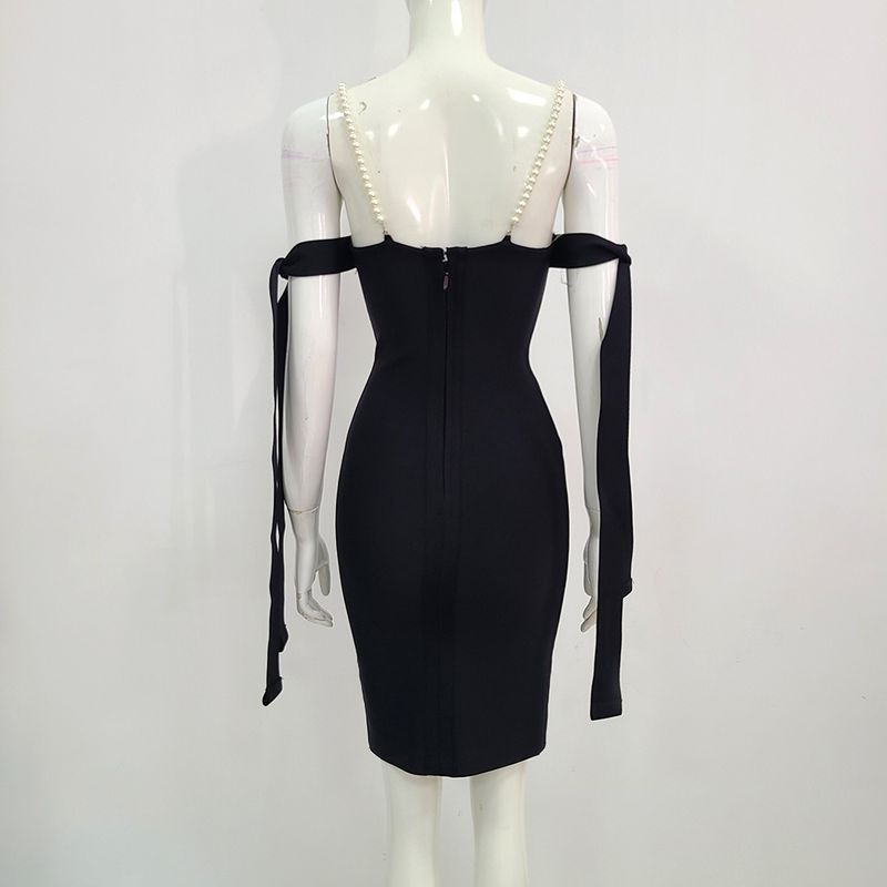 Abbigliamento da donna Stile caldo Perline con strass lucidi Abito con bretelle con fiocco Splendido abito dalla fasciatura_voghion.com
