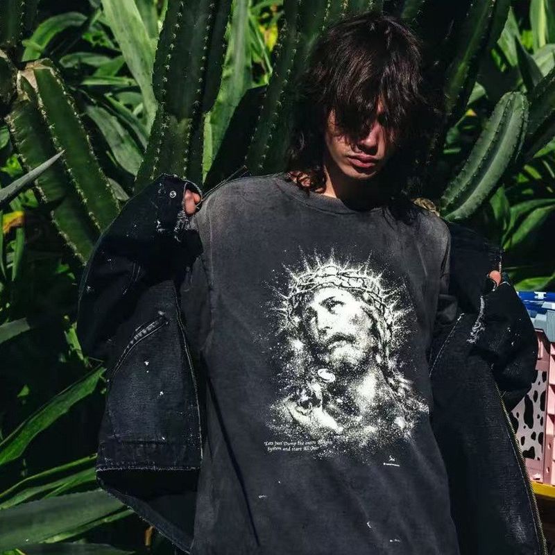SAINT Mxxxxxx 25SS Jesus High Version JESUS Luminous Destroyed Washed Vintage Unisex Short Sleeve T-Shirt_voghion.com
