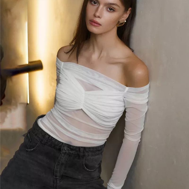 Top in rete con spalle scoperte, moda estiva 2025, da donna, nuova maglietta aderente trasparente e plissettata_voghion.com