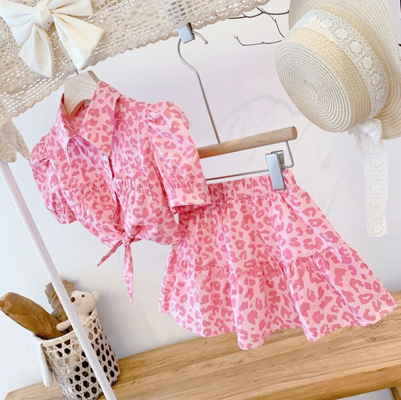Vêtements pour enfants 2025 printemps et été nouvelle fille rose imprimé léopard taille haute haut et jupe ensemble_voghion.com