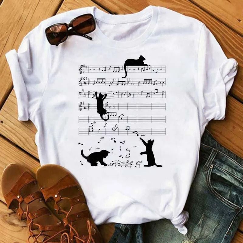 hot selling Cat&Sheet Music Printed Cotton Casual Round Neck Short Sleeve Top Summer Breathable Women's Clothing Plus Size T-Shirt_voghion.com