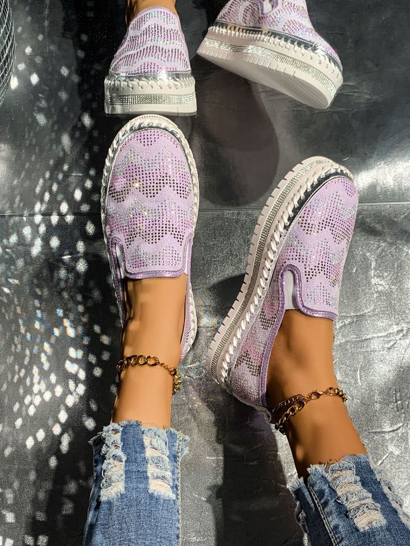 Mocassins cloutés tendance pour femme, à paillettes et semelle plateforme, pour une tenue décontractée, bout rond en PU, noir, rose et violet._voghion.com