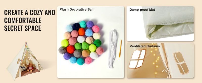 VEVOR Kids Play Tent, Teepee Tent For Kids 1-5 Years Old, Tent For Kids With Windows For Indoor And Outdoor, Toddler Tent With Mat And Plush Decorative Balls, For Boys And Girls, Beige_voghion.com