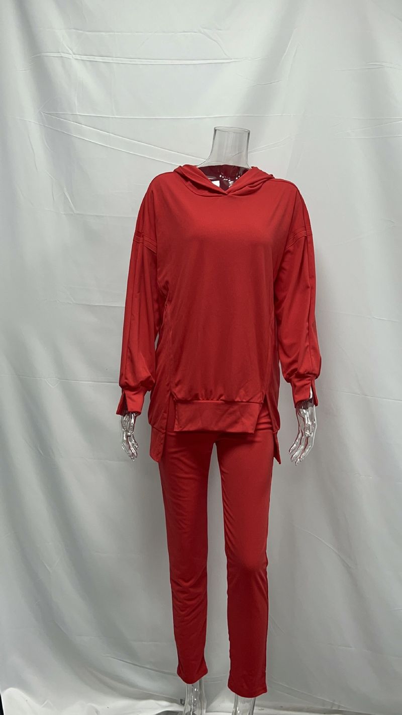 Completo elegante da donna con felpa con cappuccio e leggings con orlo diviso - Miscela di poliestere e spandex traspirante per allenamento e streetwear (diversi colori e taglie)_voghion.com