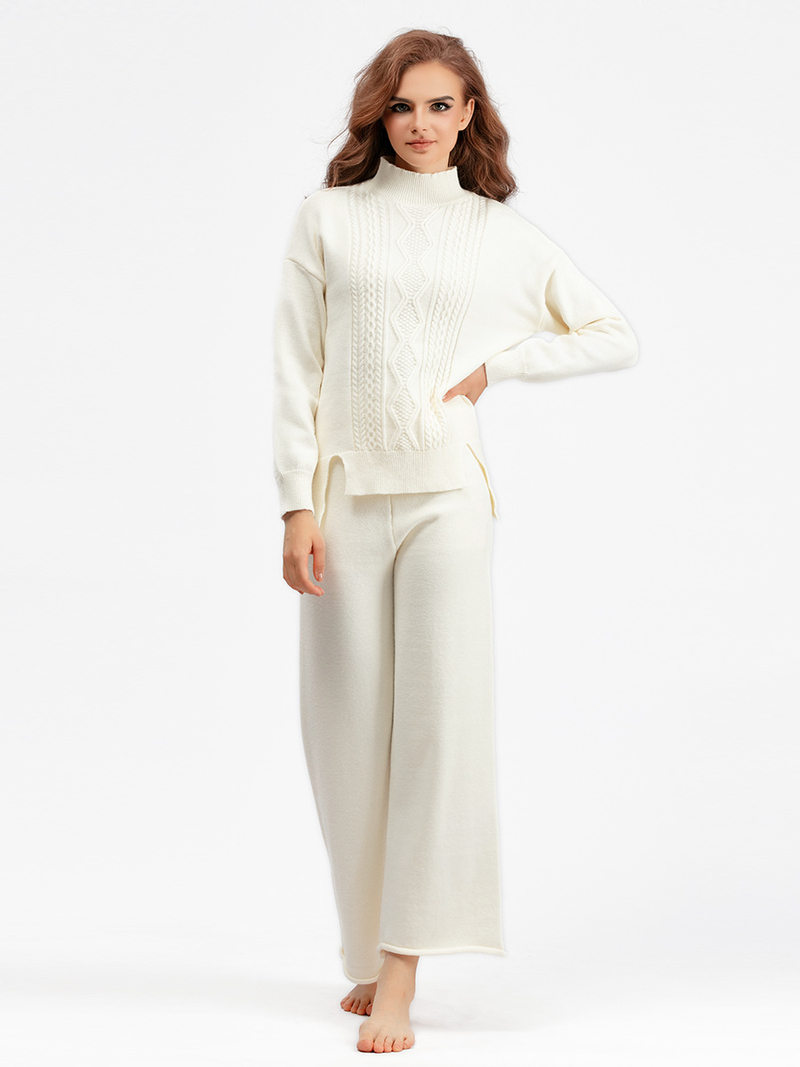 Damenbekleidung, schmaler Strickanzug, Damen, verdickt, lockerer Rollkragenpullover, Hose mit weitem Bein, zweiteilig, trendig_voghion.com