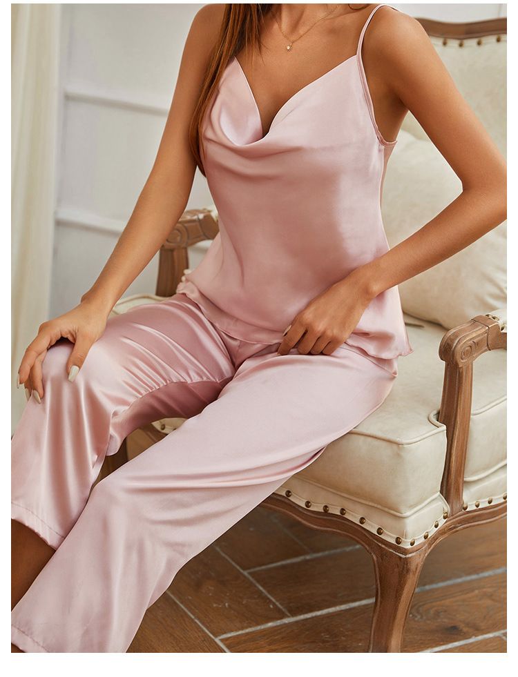 Dameskleding losse zijden mouwloze kleding, tweedelige jarretelbroekset voor thuis, lichte en comfortabele damespyjamaset_voghion.com