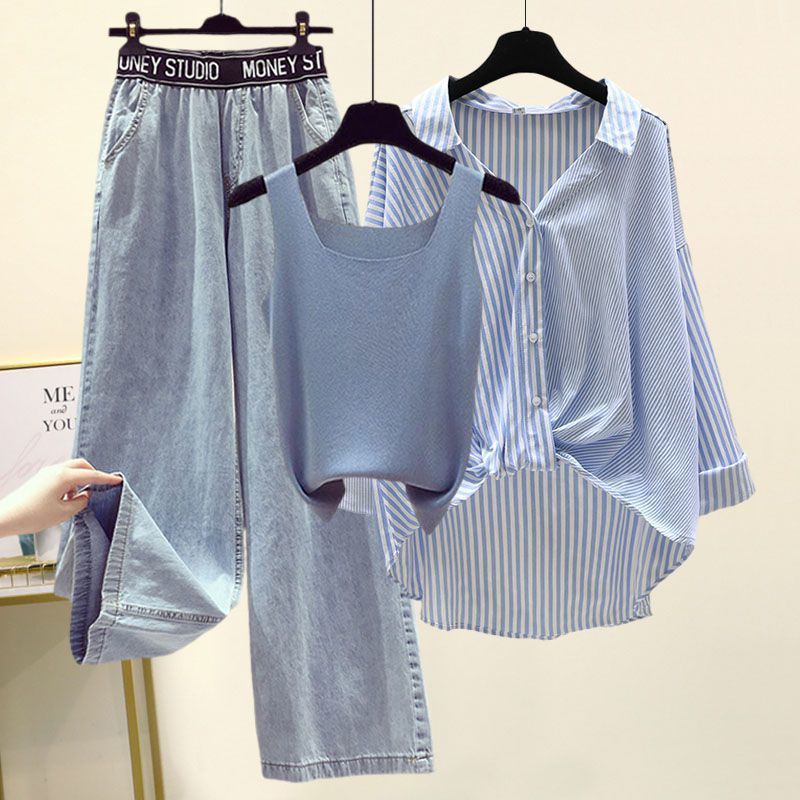 Damkläder Sommar Gatukläder Kändiskläder För Damer Stil Något Tjock Randig Skjorta Små Hängslen Vida Jeans Tredelad Kostym_voghion.com