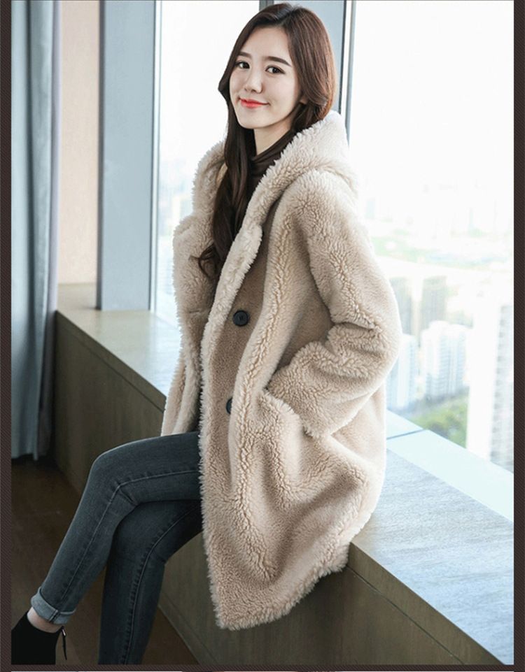 Damenbekleidung Winter New Grain Shearling Mantel Damen Lammwolle Mittellanger Pelzmantel mit Kapuze_voghion.com