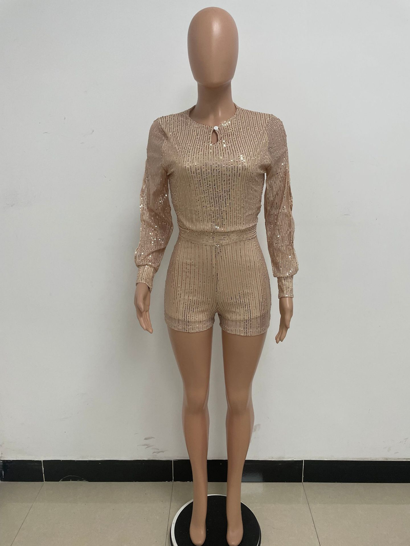 Damkläder jumpsuit mode smal långärmad slits paljettjumpsuit_voghion.com