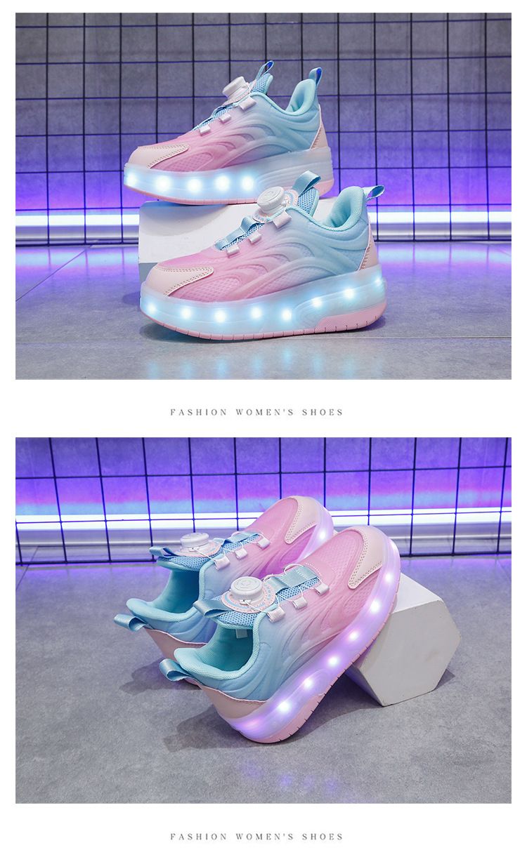 Children's Shoes Boys Double Wheels With Retractable Flashing Lights Girls Roller Skates Rotating Buckle Student Sports Skates_voghion.com