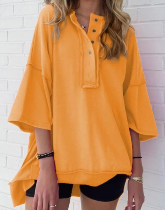 2025 New Spring And Autumn Solid Color Loose Casual Button Sweatshirt T-Shirt_voghion.com