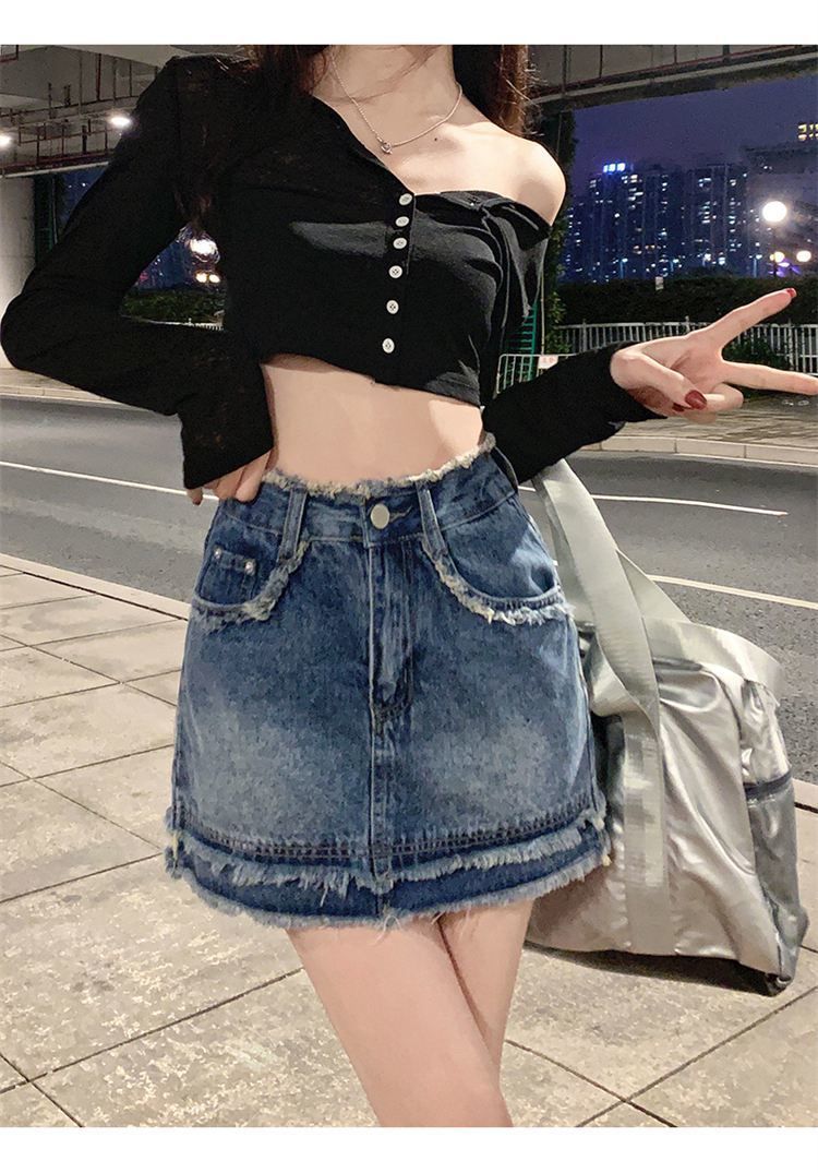 Kot etek yarım boy etek A kesim kısa etek kadın yaz 2023 yeni yüksek bel kalça etek A kesim etek pantolon etek etek ilkbahar ve sonbahar_voghion.com