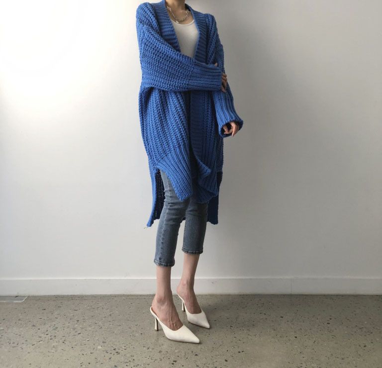 Cardigan lungo in maglia da donna - Maglione oversize con scollo a V e apertura frontale, morbido misto acrilico, vestibilità comoda, cappotto casual, blu e nero_voghion.com