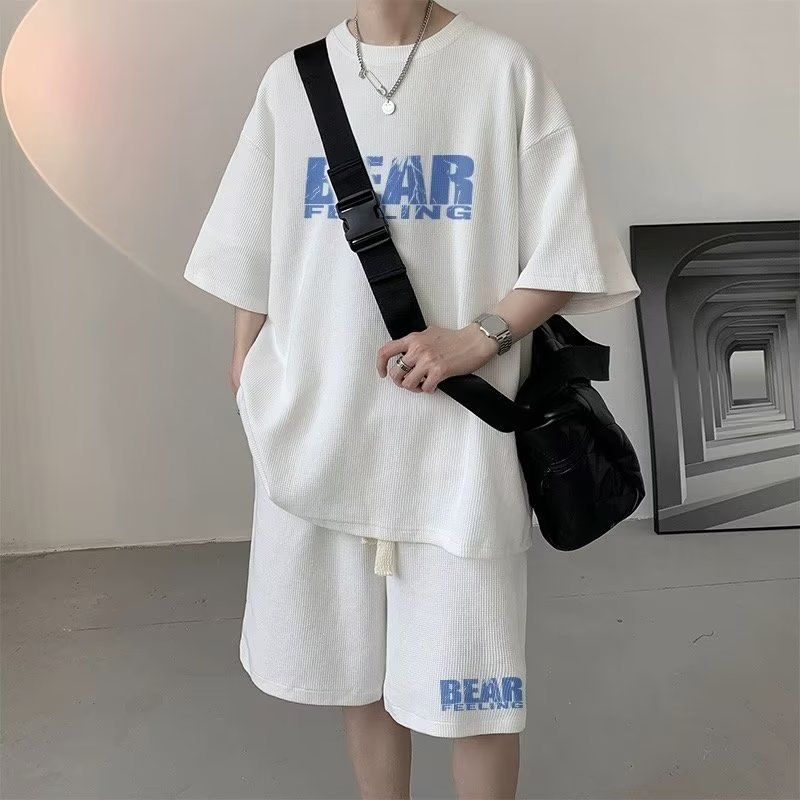 Men's Suit Waffle Short-Sleeved Shorts Student Matching Handsome Casual Set_voghion.com