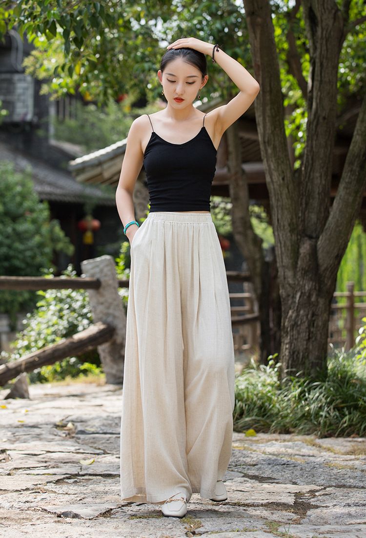 Women's Clothing Textured Linen Versatile Version Lengthen Legs Elegant and Chic Women's Skirt Pants Wide-leg Pants_voghion.com