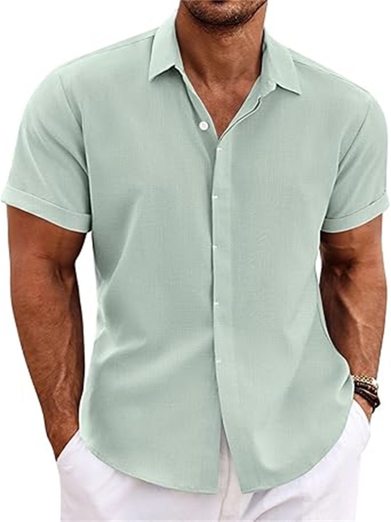 Herrenbekleidung Herren Leinenhemd Kurzarm Freizeithemd Button-Down-Hemd Herren Strand Sommer_voghion.com