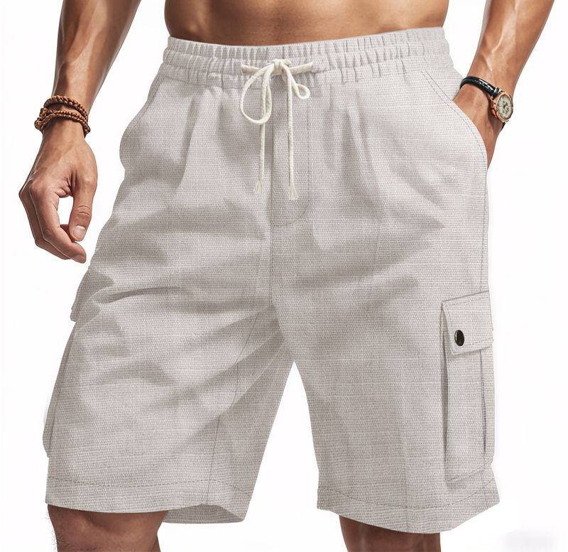 Pantalones cortos casuales de playa de lino con nudo de bambú para hombre de American Amikaji Outdoor Tactical Workwear de verano_voghion.com