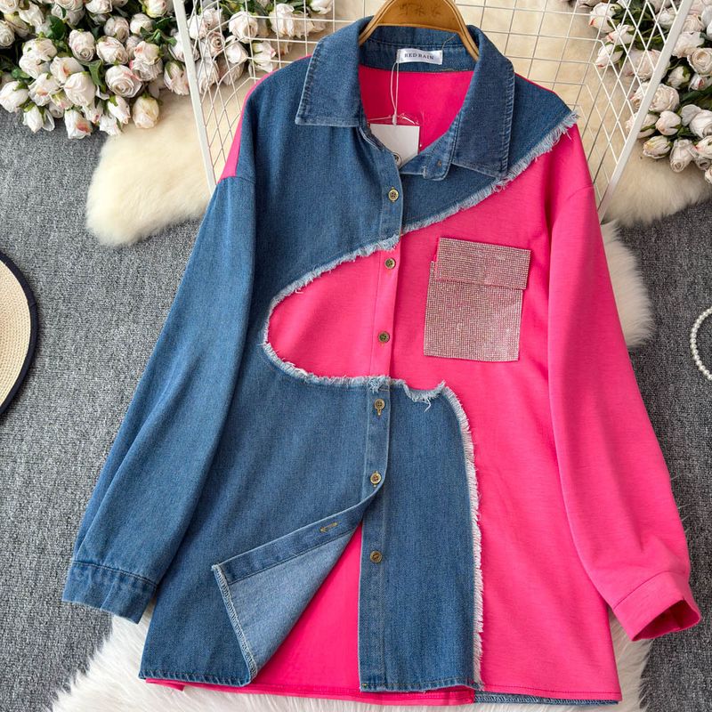 Damenbekleidung Designer-Jeanshemd mit Revers und Patchwork-Muster, langärmeliges Oberteil, Anzug für Frauen, hohe Taille, schmale, farblich passende Hose mit weitem Bein, zweiteiliger Anzug_voghion.com