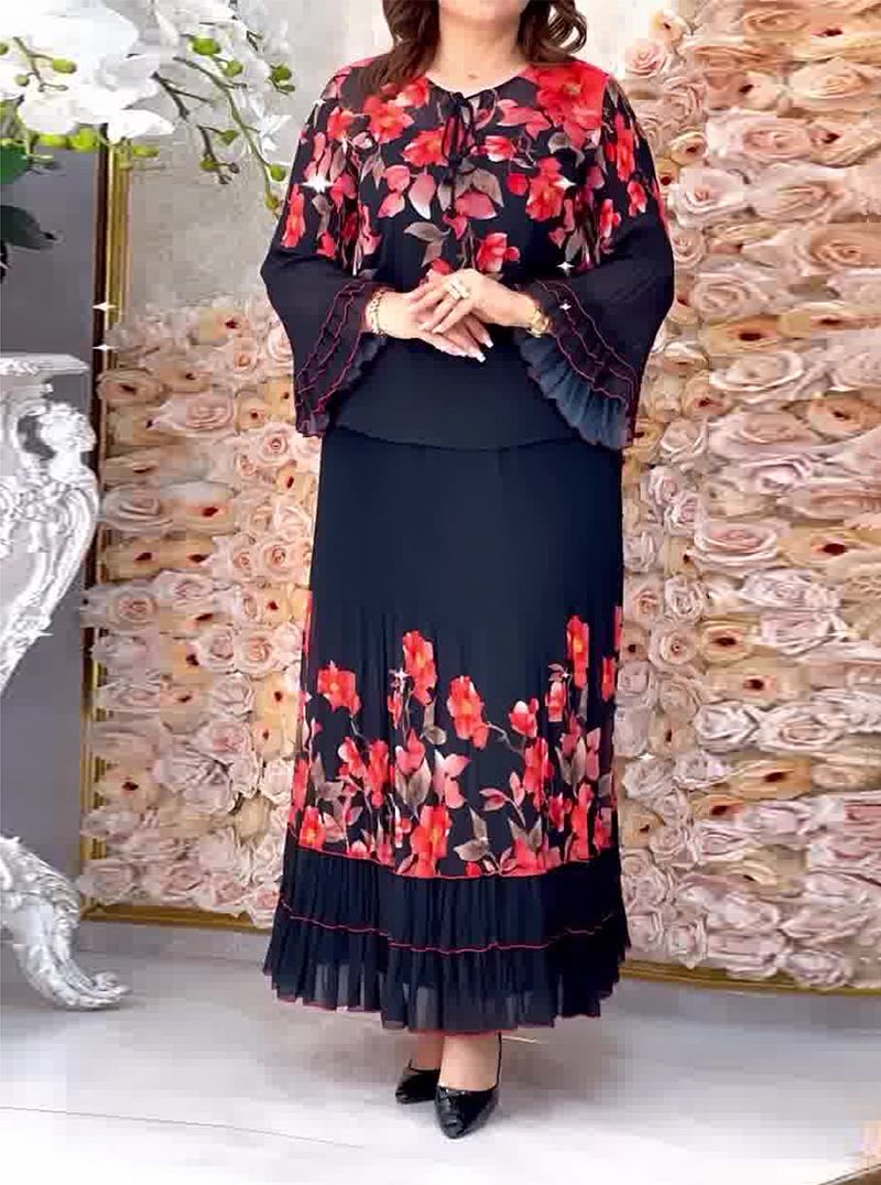 Women's Clothing Pleated Positioning Printed Tops And Skirts Two Piece Suits_voghion.com