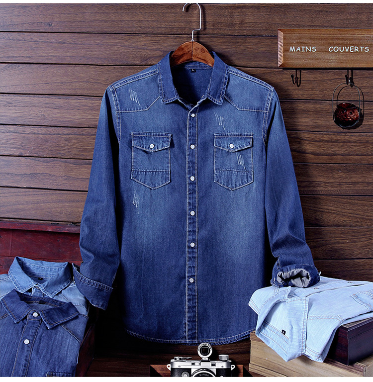 Yeni Kore slim fit kot gömlek, erkek uzun kollu genç Kore moda pamuklu gömlek, öğrenci ince ceket partisi_voghion.com