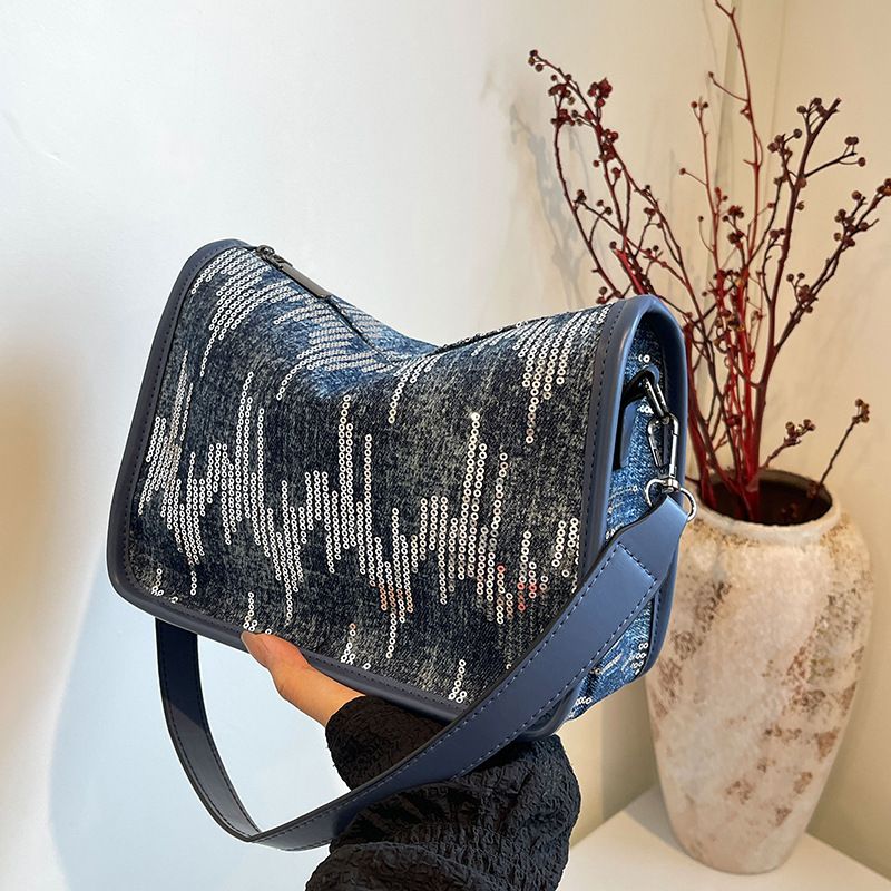 Borsa a tracolla piccola con paillettes blu di alta qualità per donna 2024, nuova e alla moda, da portare sotto le ascelle, in denim_voghion.com