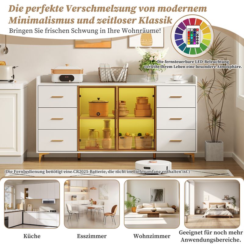 Küchenschrank Weiß 160x87cm, 6 Schubladen, Glastüren, LED-Beleuchtung, Goldgriffe_voghion.com