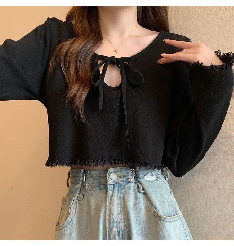 Elegant and lace V-neck long sleeved t-shirt for women, 2024 autumn new collection with strap design, niche slim fit top_voghion.com