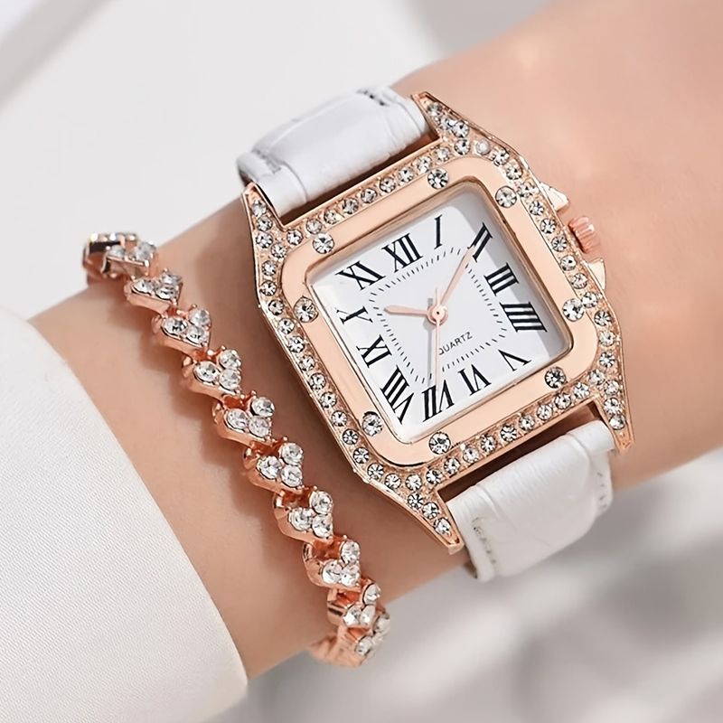 Damesmodetrend Elegante vierkante wijzerplaat riem Quartz horloge + strass armband_voghion.com