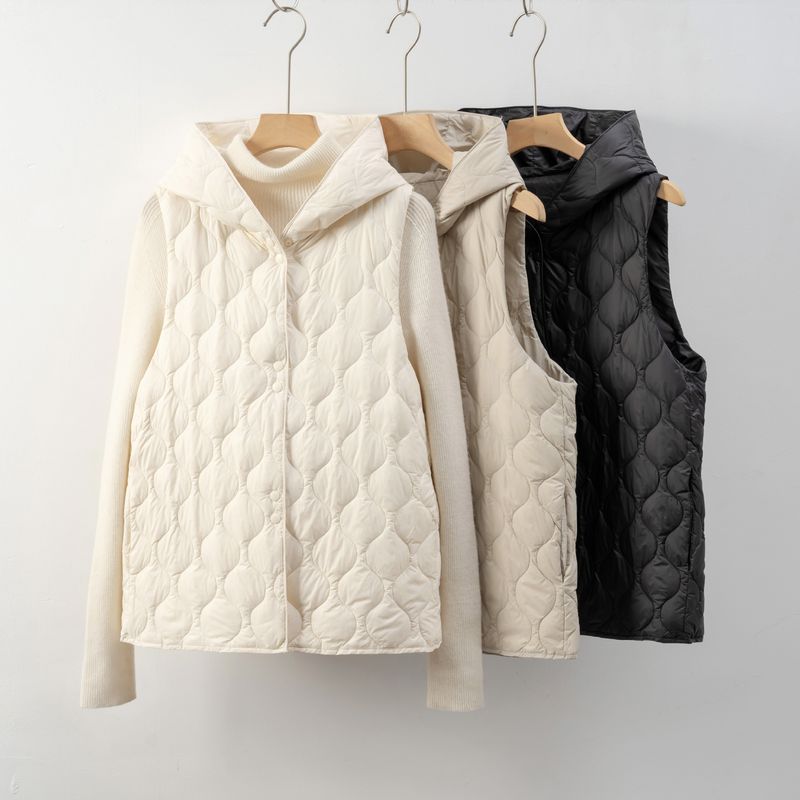 Gilet léger Pinghu National Standard 90 pour femme, style minimaliste, à capuche, fin, sans manches, pour l'automne et l'hiver_voghion.com