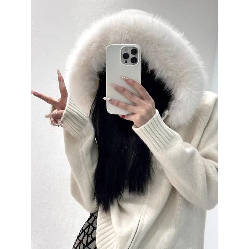 Vintage-Strickjacke mit Kapuze und Kunstpelzbesatz – gemütlicher Langarmpullover mit Reißverschluss für Damen (Schwarz, Khaki, Creme, Hellblau, Pink, Rauchgrau)_voghion.com
