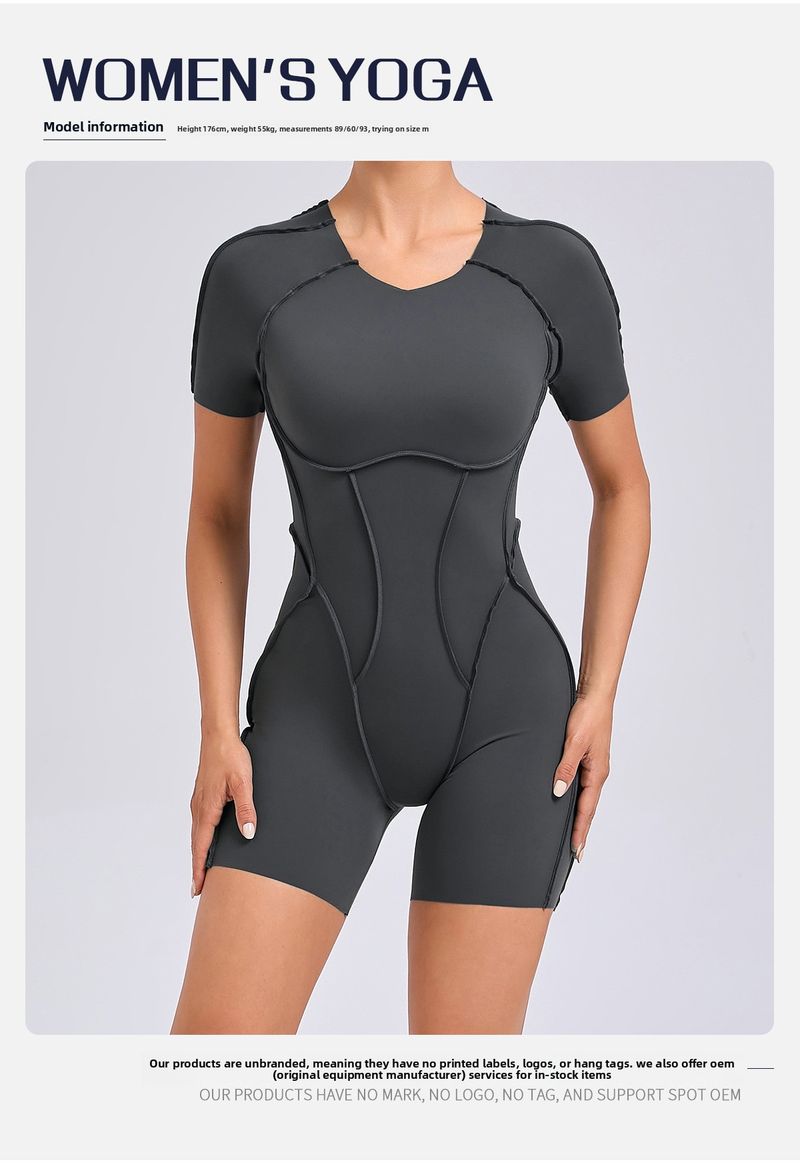 Tuta sportiva da yoga in un unico pezzo, aderente, a maniche corte e senza schienale, con estetica tridimensionale europea e americana_voghion.com