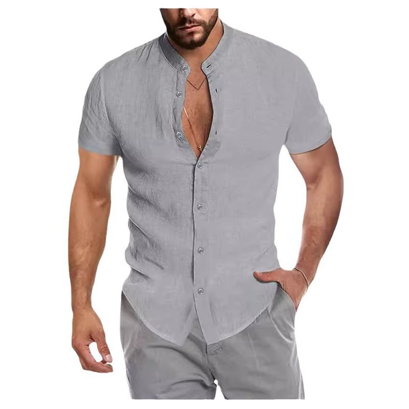 Unbeatable Quality 2024 Summer V-neck Linen New Cardigan Stand Up Neck Short Sleeve Men's Shirt_voghion.com