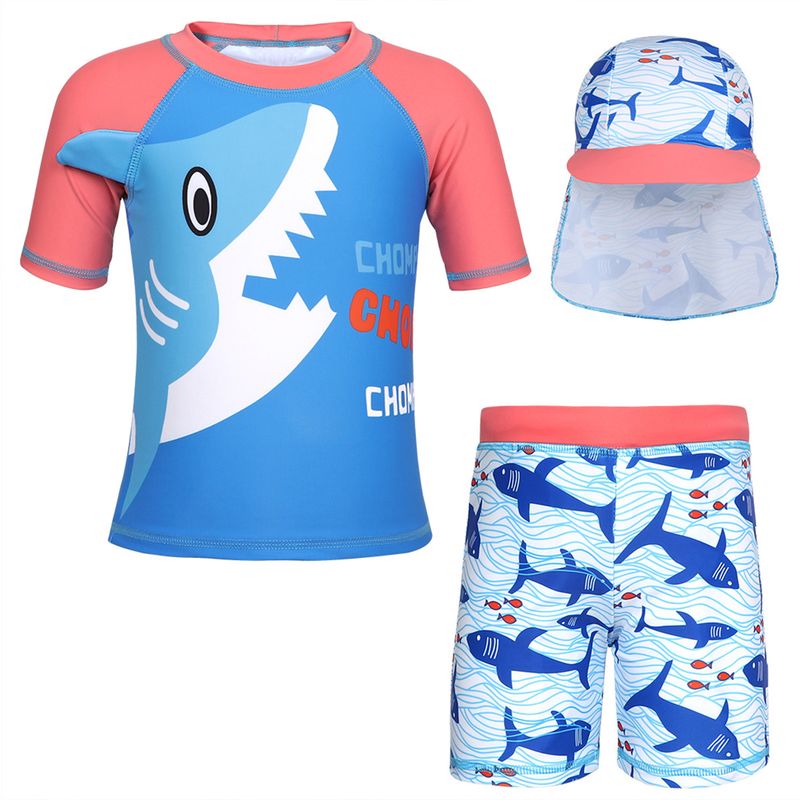 Ropa para madres y niños, traje de baño corto con protección solar dividido, tiburón, niño de dibujos animados, mangas rojas de sandía con gorro de baño_voghion.com