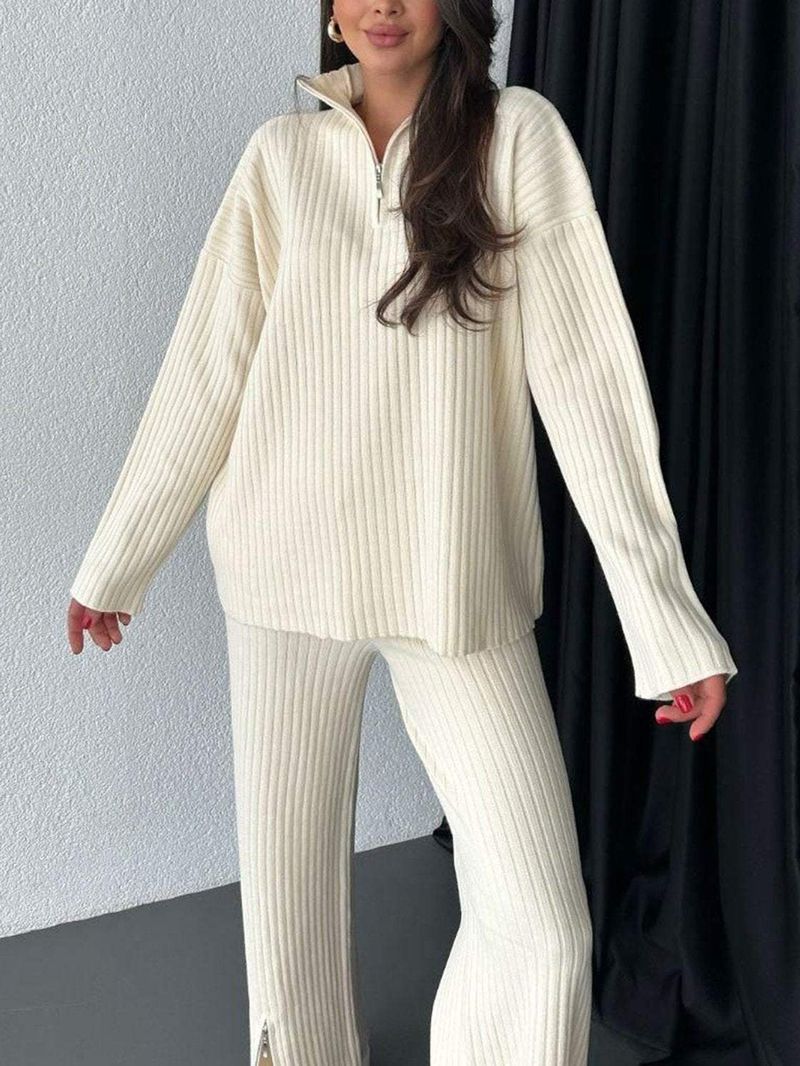 New Women's Solid Color Zipper Knitted Suit High Collar Ribbed Two-piece Suit_voghion.com