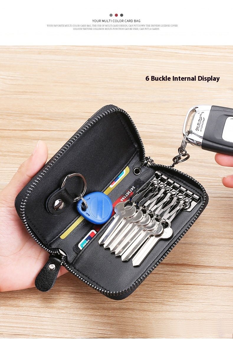 Andralyn Real Cowhide Car Key Bag Men's Large Capacity Zipper Bag Women's Waist Hanging Key Bag Trendy and Simple Card Bag_voghion.com