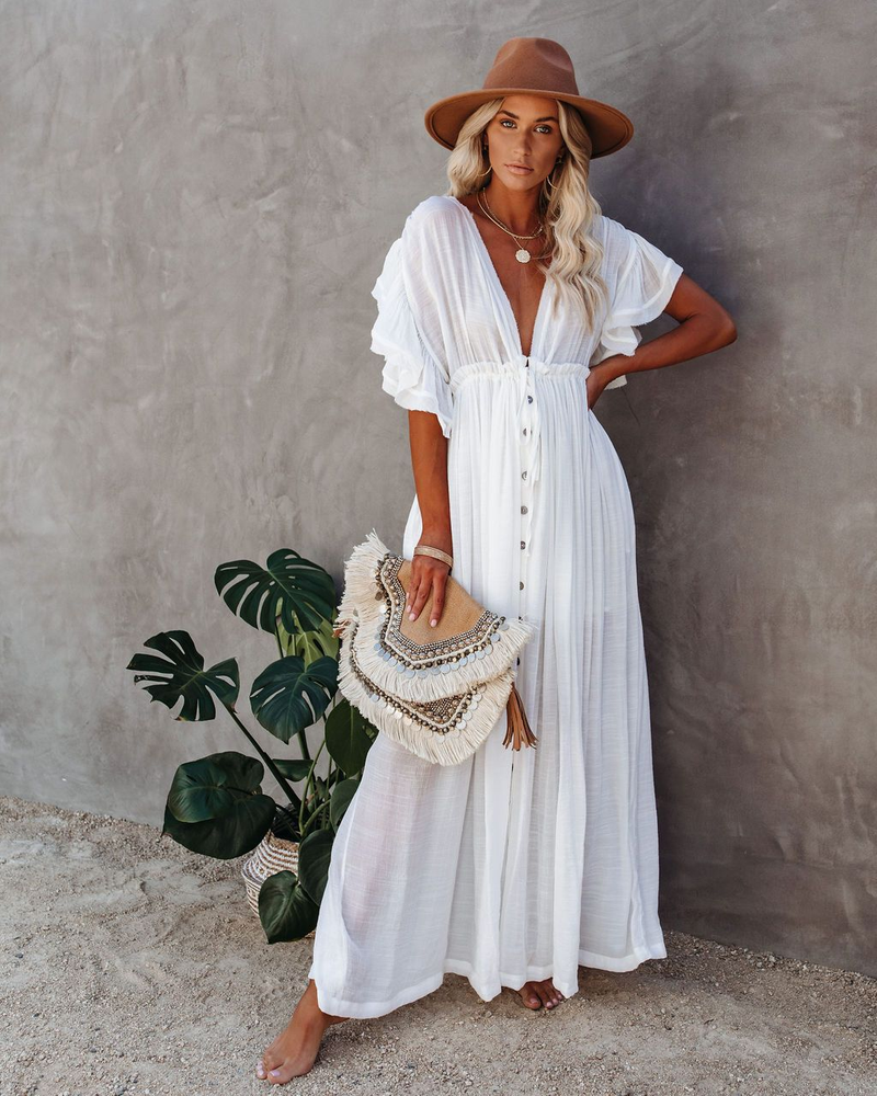 nuovo stile copricostume da spiaggia in tessuto di bambù con bottoni, corda in vita, gonna lunga, camicia di protezione solare_voghion.com