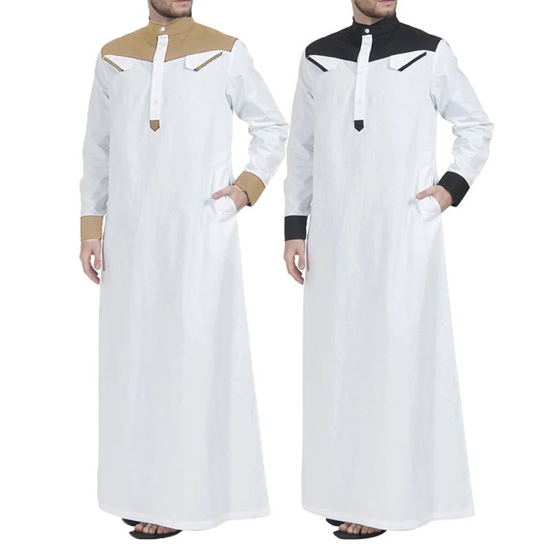 2025 Autumn/Winter New Muslim Men's Loose Stand Collar Contrasting Long Sleeve Ethnic Style Jumpsuit_voghion.com