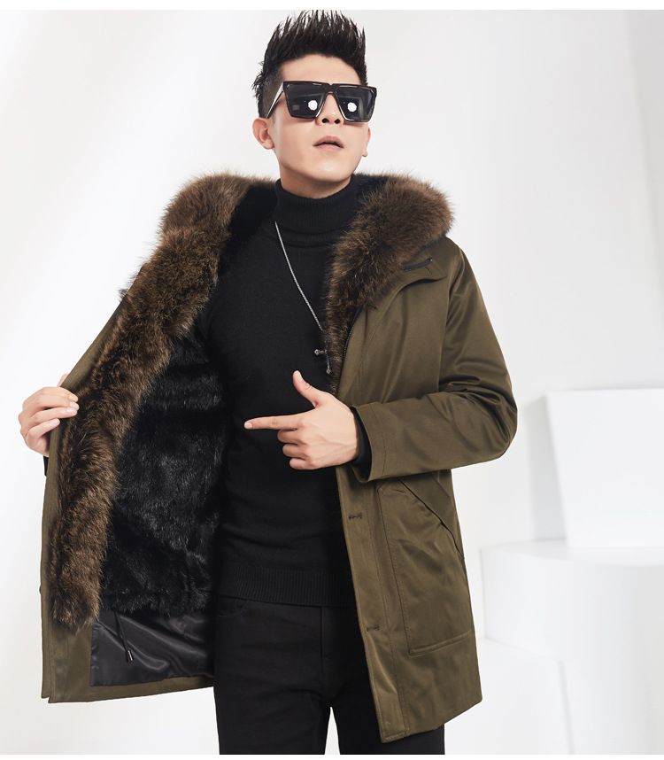 Premium nertsbontparka voor heren met wasbeercapuchon – slim fit, middellange winterjas (L-5XL, zwart/legergroen, waterdichte buitenkant)_voghion.com